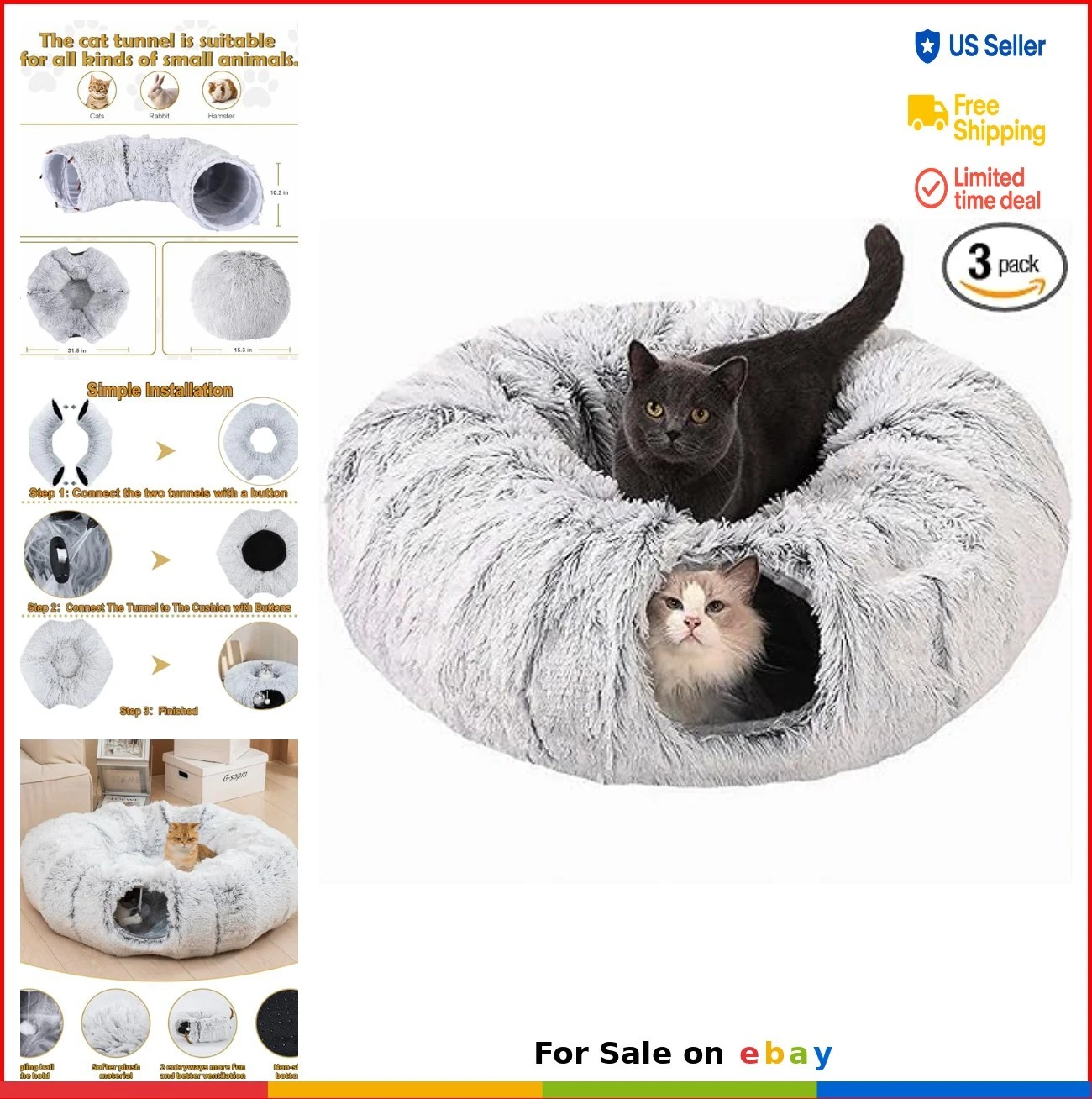 Cat Tunnel Bed Donut Shape 31.5 Inch Plush Collapsible Toy Indoor Cats