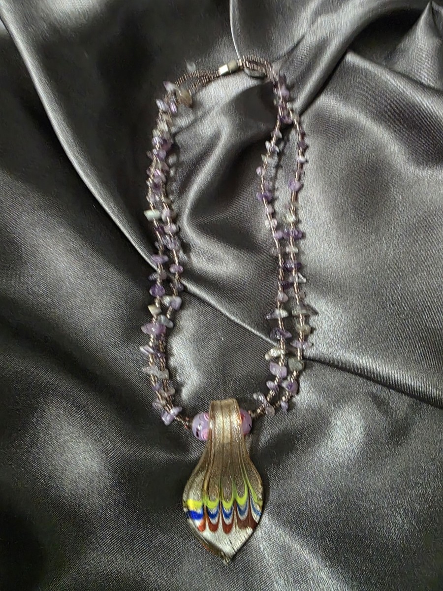 Murano Style Glass Pendant & Amethyst Necklace