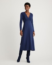 Quince Women Tencel Jersey V-Neck Long Sleeve Midi Dress Navy Basic Sleeved M