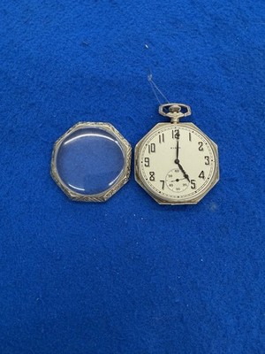 14 Karat White Gold Elgin Octagonal Antique Pocket Watch Fully Working G2U