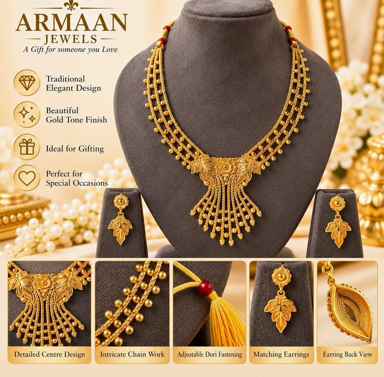 24K Gold Filled 2 Gram Gold Jewellery Floral Necklace & Earrings Set Wedding