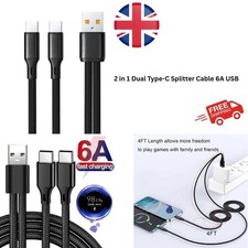 2 in 1 Dual Type-C Splitter Cable 6A USB A To Type C Fast Charging Data Nylon uk