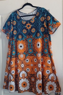3XL Multicolor Floral Dress Short Sleeve Pockets Groovy Hippy Floral Stretchy