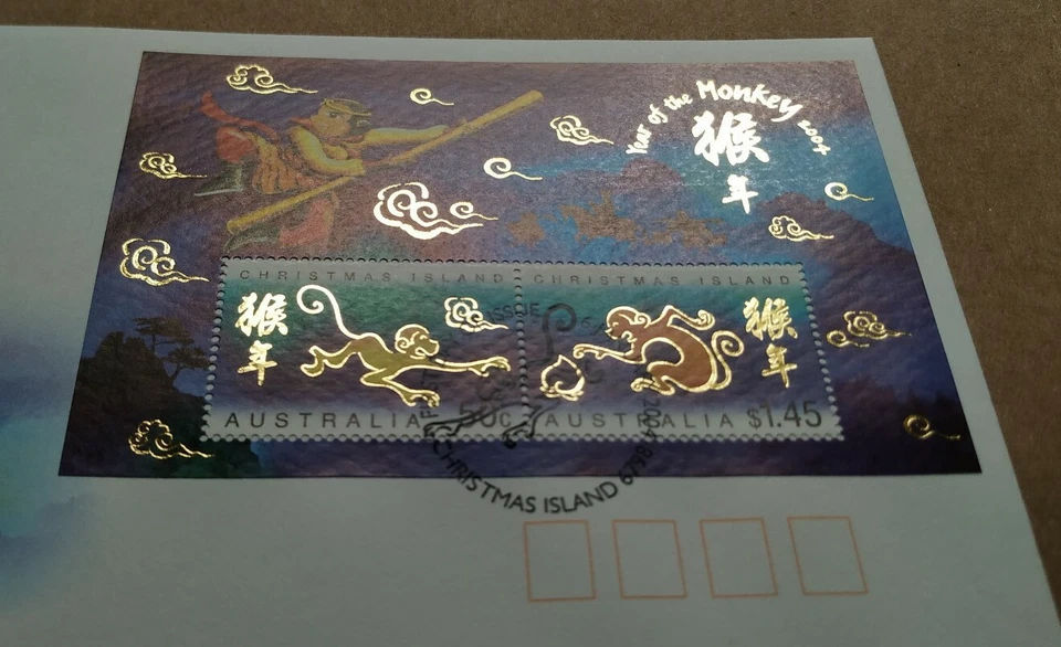 2004 Christmas Island Zodiac Animals Lunar Year of the Monkey Mini-Sheet MS FDC - Image 2 of 3