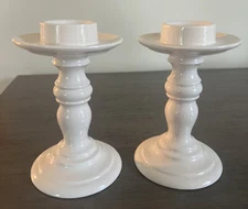 Set of 2 WHITE FARMHOUSE CERAMIC CANDLESTICK HOLDERS 7 3/4" Pillar Candle