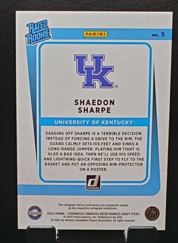 2022 Chronicles Donruss #5 Shaedon Sharpe TRAIL BLAZERS RR Black Parallel NM/MT - Picture 2 of 2