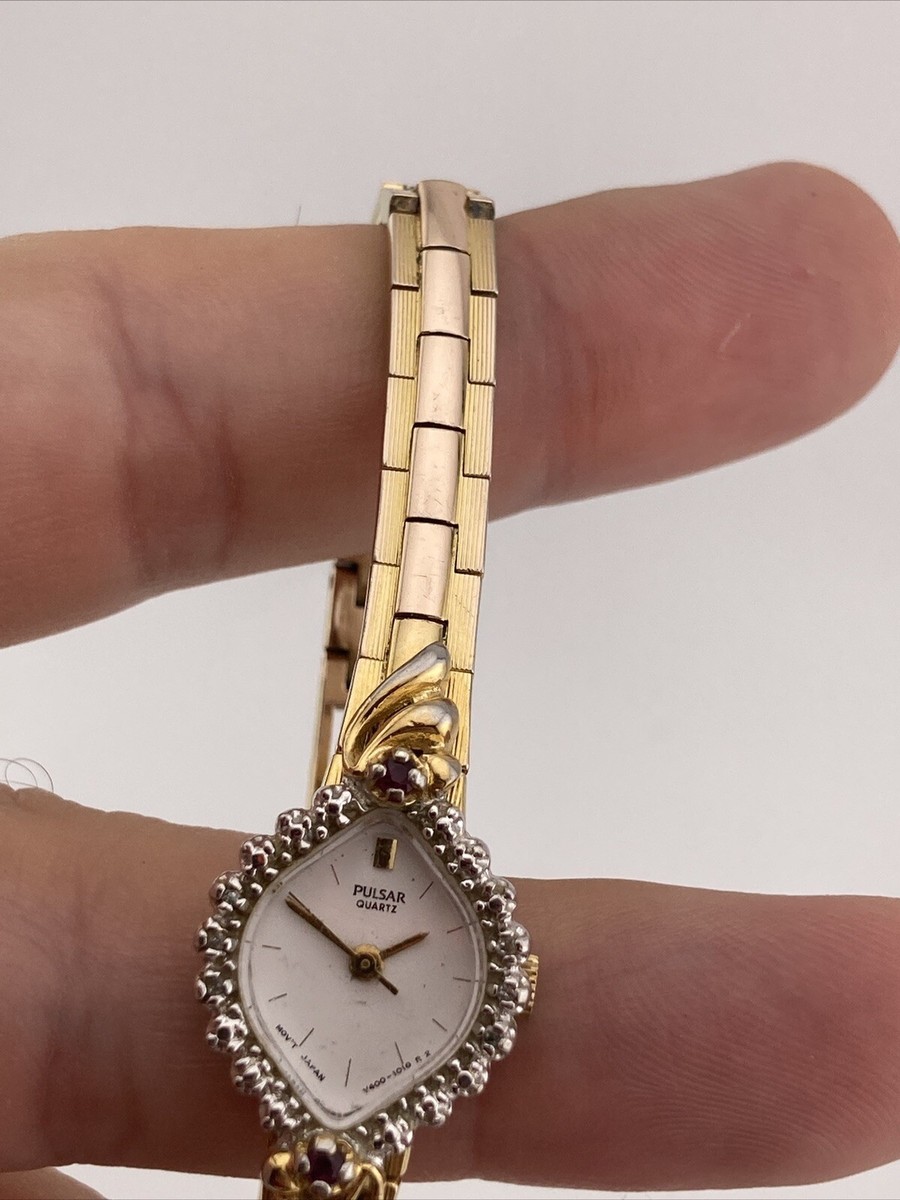 COPY - Pulsar lady #PCT164S Vtg Pulsar Ladies 16mm Watch Gold Tone Diamond & Ruby Bezel  main image 2