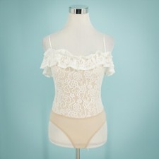 Lulus Size Small S Right Lace Right Time Ivory Ruffle Strappy Bodysuit Top NEW