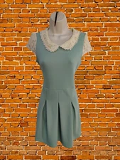 VINTAGE GREEN DRESS SMALL POLYESTER WOMENS LACE CAP SLEEVED SKATER FIT & FLARE