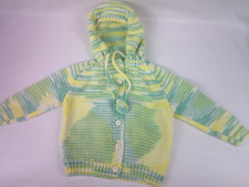 Vintage Handmade Knit Crochet Baby Sweater Cardigan w Hood Green Yellow Infant