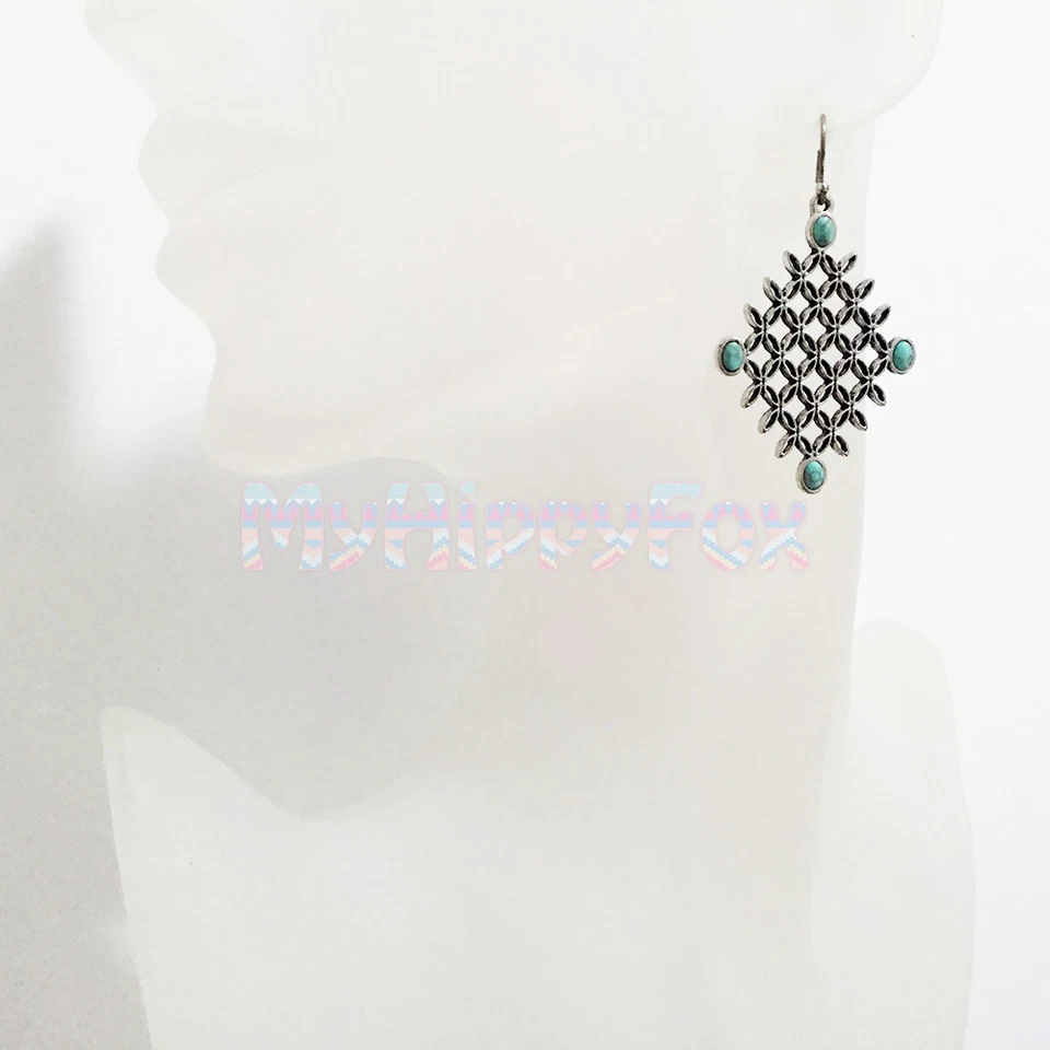 Lucky Brand Antiqued Silver Tone Openwork Turquoise Stone Drop Earrings JLRU9836 - Image 4 of 4