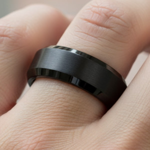 8mm Black Titanium Wedding Band With Matte Brushed Center and Beveled Edges