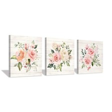 Pink Floral Canvas Wall Art: Roses Flowers Bouquet Pictures Artwork for Kitchen