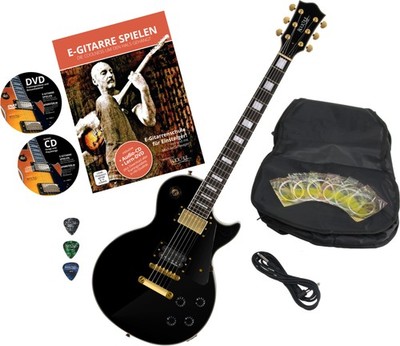 E-Gitarre Elektrische Gitarre Deluxe Schwar Zubehör Gigbag Tasche Plektren Set