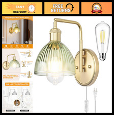 Vintage Gold Swing Arm Wall Sconce - Plug-in/Hardwired, Ribbed Glass Shade, LED