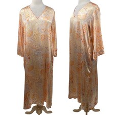 Oscar De La Renta Satin Paisley Kaftan Maxi Dress V Neck Orange Womens Medium