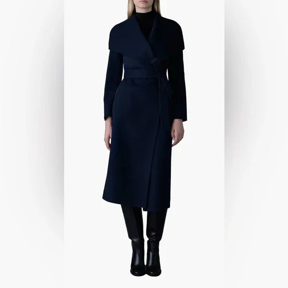 NEW, MACKAGE Belted Light Wool Coat in Dark Navy Size S #W79