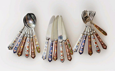 Vintage Asian Cloisonné Flatware Stainless Steel Floral Handles 7 Set, 3pc ea.
