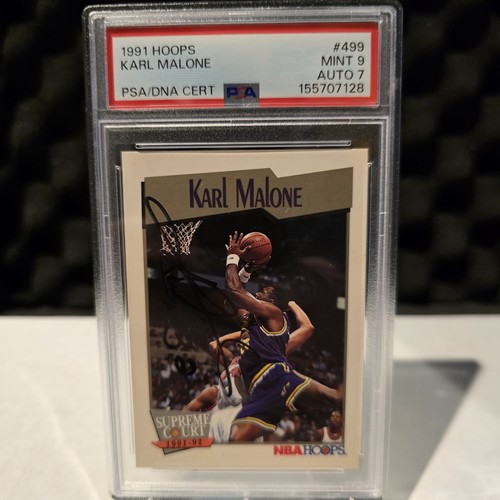 1991 NBA Hoops #499 Karl Malone Autograph PSA 9 AUTO 7 Utah Jazz Supreme Court