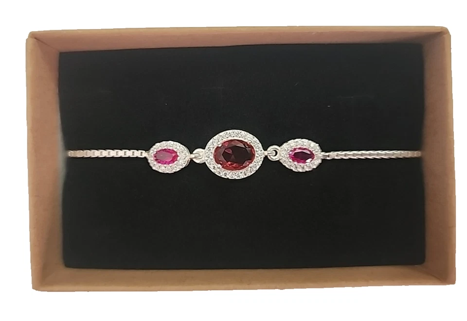 925 Silver Adjustable Bracelet Ruby Red Oval Stones & CZ Accents – NWOT B28 - Image 3 of 4