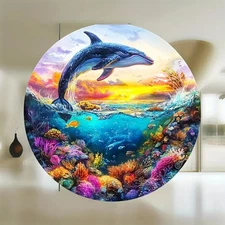 Whale Jumping Out of Sea Sunset Seascape Round Aluminum Wall Art
