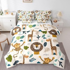 Safari Animals 7 Piece Bedding Set Twin, Cartoon Lion Giraffe Comforter Set w...