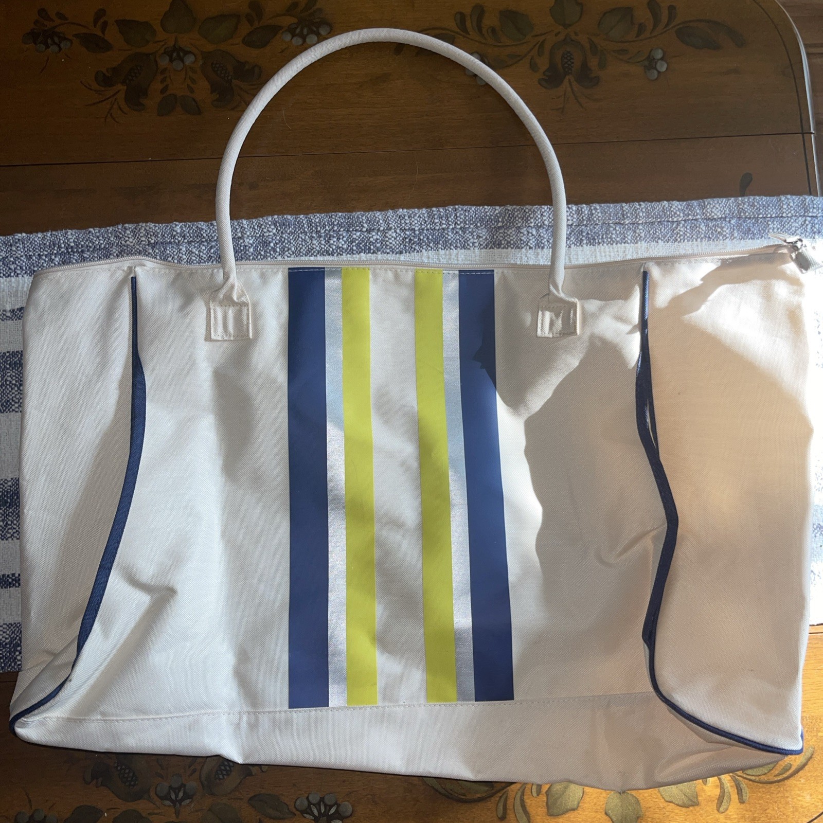 DSW Large Workout Tote Bag in Ivory with Navy Silver Lime Green Stripes