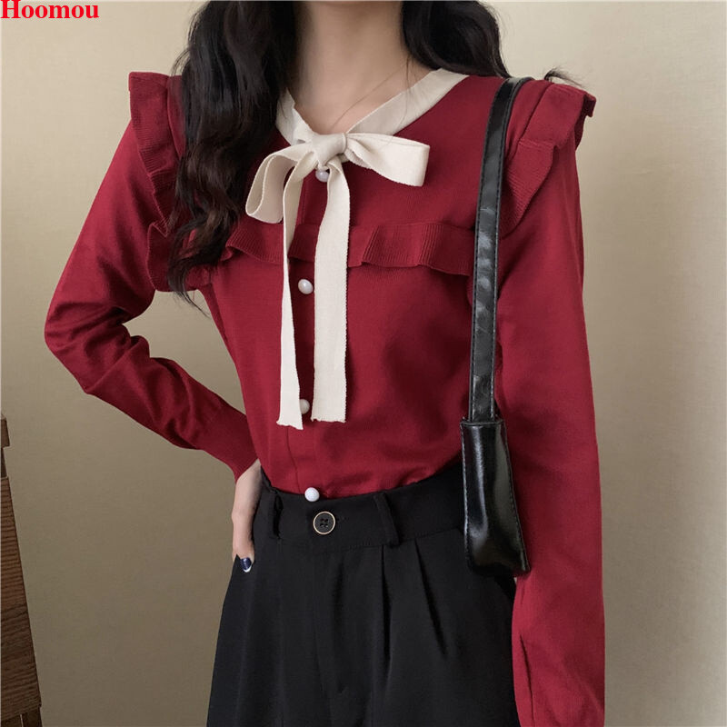 Korean Fashion Women Knit Ruffle Bow Tie Pullover Sweater Tops 