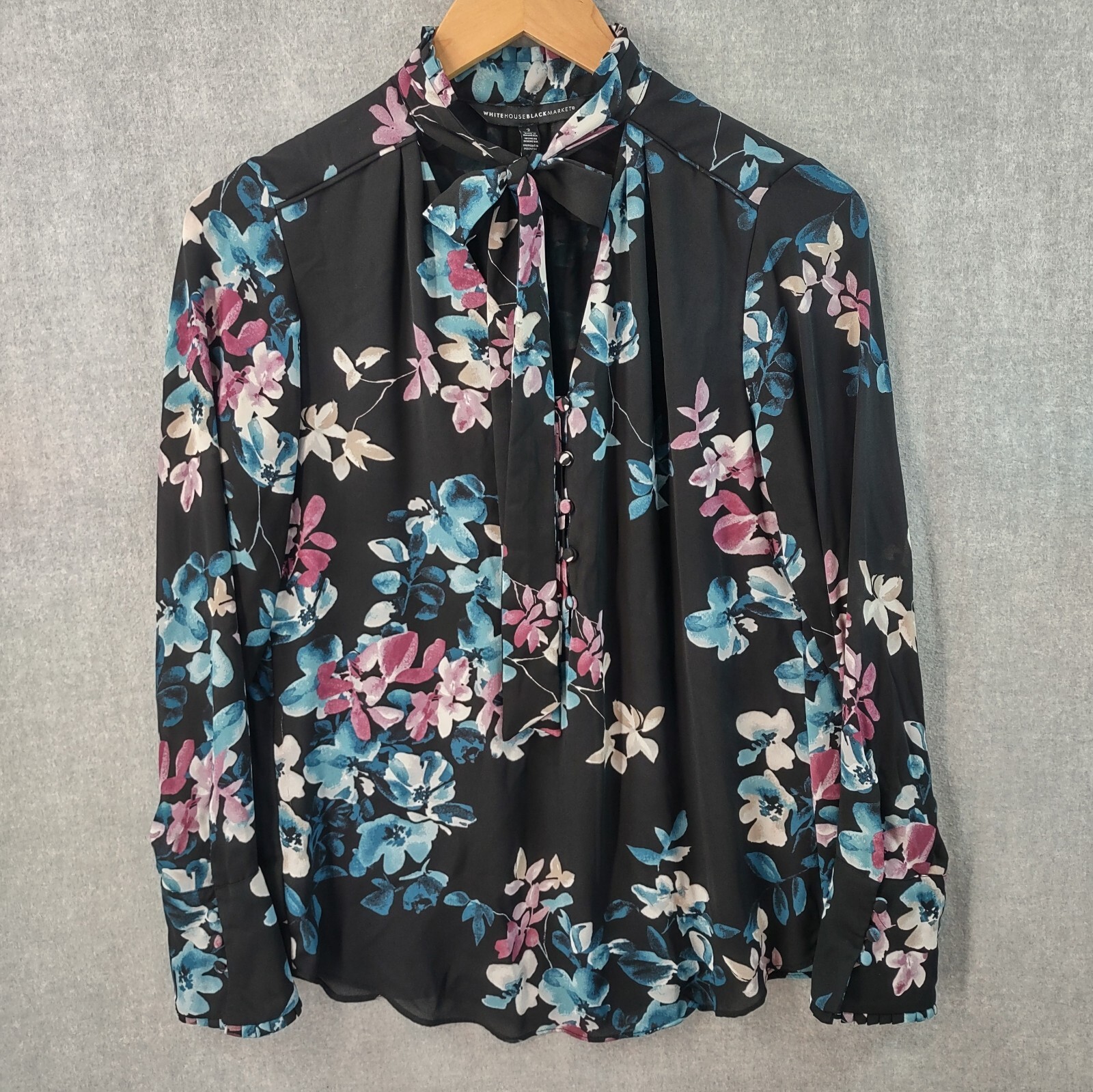 White House Black Market Top Womens 2 Black Chiffon Floral Tie Neck Long Sleeve