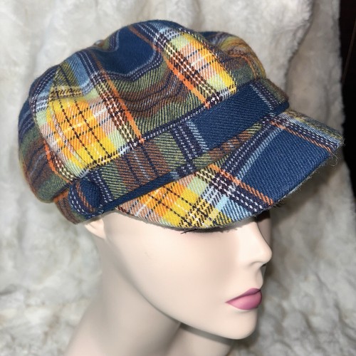 D&Y Plaid Cadet Cap Retro Newsboy Hat Lined Button Trim Stretch OSFM Pre-owned