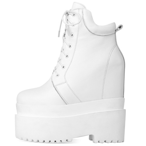Black White Shoes Women's Cow Leather Wedge High Heels Snow Boots Platform Pumps - Picture 12 of 16