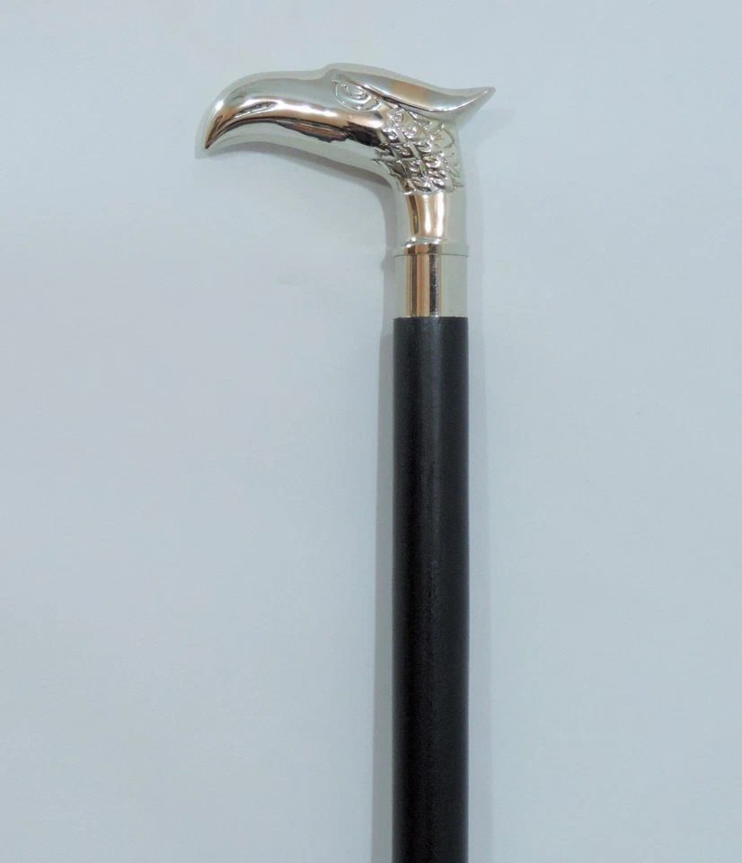 Bastón bastón plateado placa de níquel mango de águila madera dura negra caña de 37" de alto Foto 2 de 4