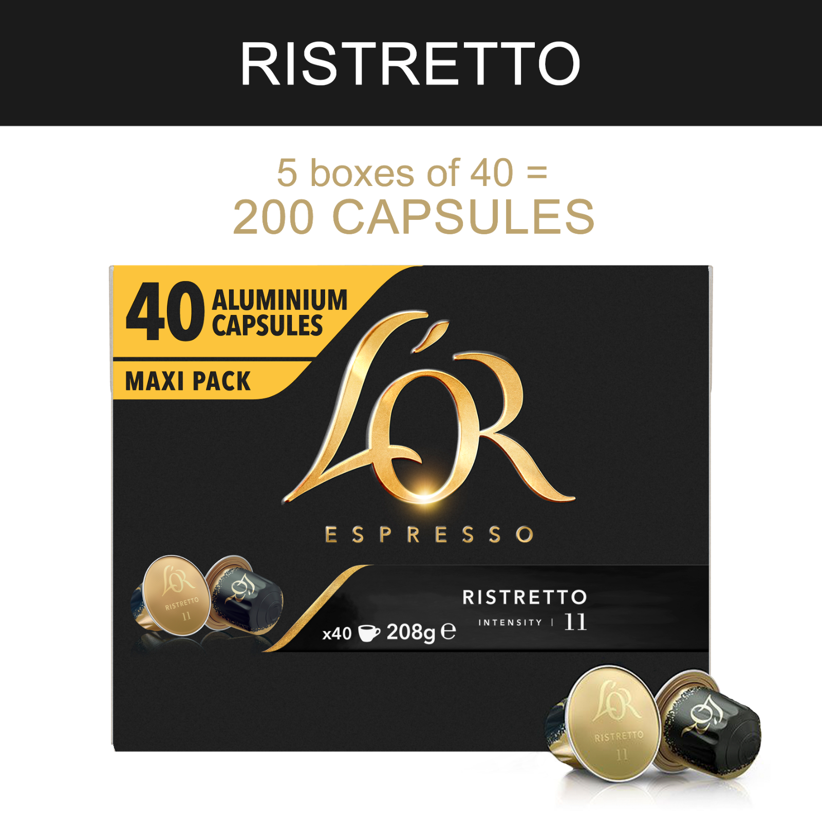 L'OR 200 Nespresso Compatible Capsules Ristretto Intensity 11 [200 Coffee Pods]