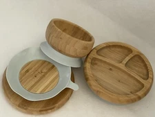 Set Of 3 Avanchy Bamboo Baby Plates & Bowl Silicone Suction Toddlers Dishes Wood