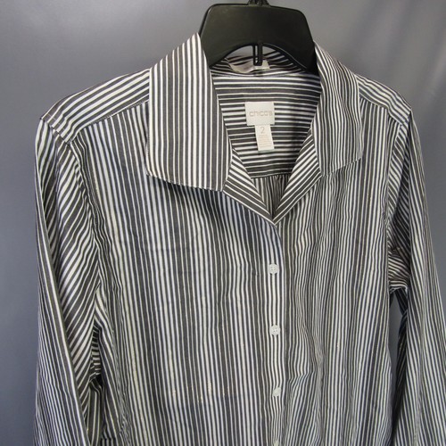 Chico's Metallic Striped Shirt Women's Size M 12/14 Chico 2 Button Front Top