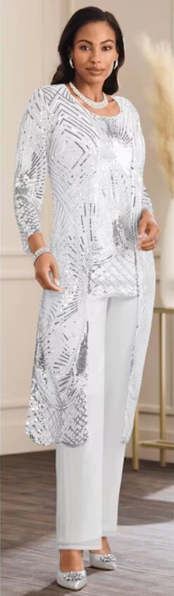 knee length dresses for ladies Zapaka Women Silver Chiffon Pant and Lace Mother of The Bride Pant Suits, Silver / US22W main image 1