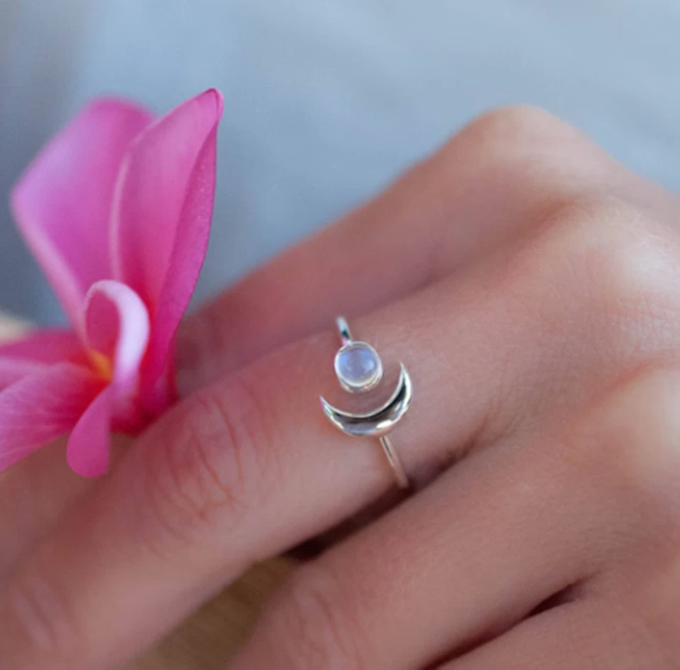 Anillo Piedra Lunar Plata Esterlina 925 Piedras Preciosas Hecho a Mano Bonito Anillo Todas las Tallas MK* Foto 2 de 4