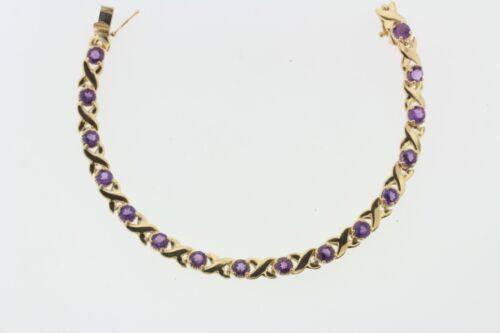 Purple Amethyst Love and Hearts X O Bracelet - 14K Solid Yellow Gold - 7.25" - Picture 3 of 8