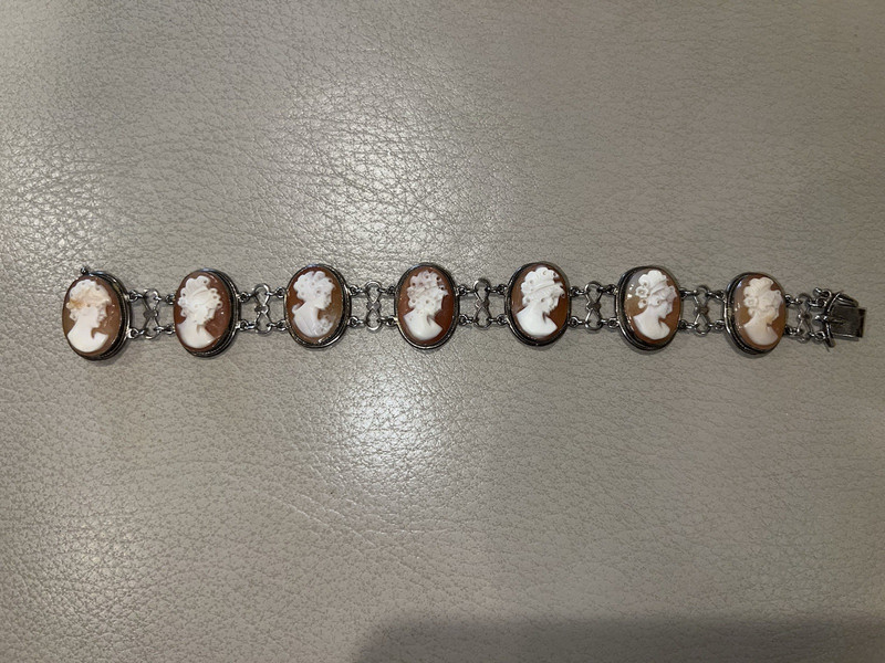 Cameo Sterling Silver 925 Peach Carved Bracelet With 7 Portraits 7" Vintage