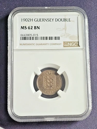1902 H Guernsey Double Coin - NGC MS 62 BN