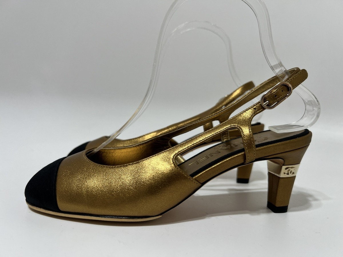 Vtg CHANEL TWO TONE GOLD LEATHER SLINGBACK HEELS 36 | eBay Vtg CHANEL TWO TONE GOLD LEATHER SLINGBACK HEELS 36 | eBay