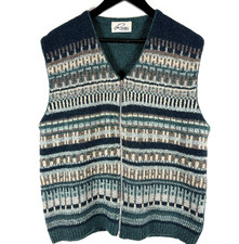 VTG Rodes Vest Mens Large Teal Green Fair Isle Virgin Wool Knit Jumper Italy 80s