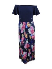 Xscape Women's Plus Size Pleated Floral Off-The-Shoulder Gown (20W, Navy Multi)