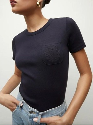 Veronica Beard Pruitt Ribbed Pocket Tee Navy Blue Women's M