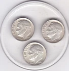 3  x  Roosevelt   Dimes  (90% Silver)  Sharp  (1964  P)  Coins