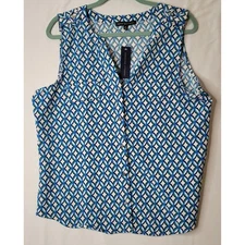 Adrienne Vittadini Sleeveless Top Geometric Print Blouse Career Sz XL Wh Teal Bl