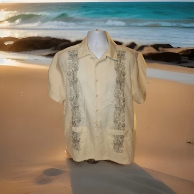 HABAND Guayabera Mens Large Short Sleeve Button Shirt Poly/Cotton Pockets Yellow - Image 1 of 4