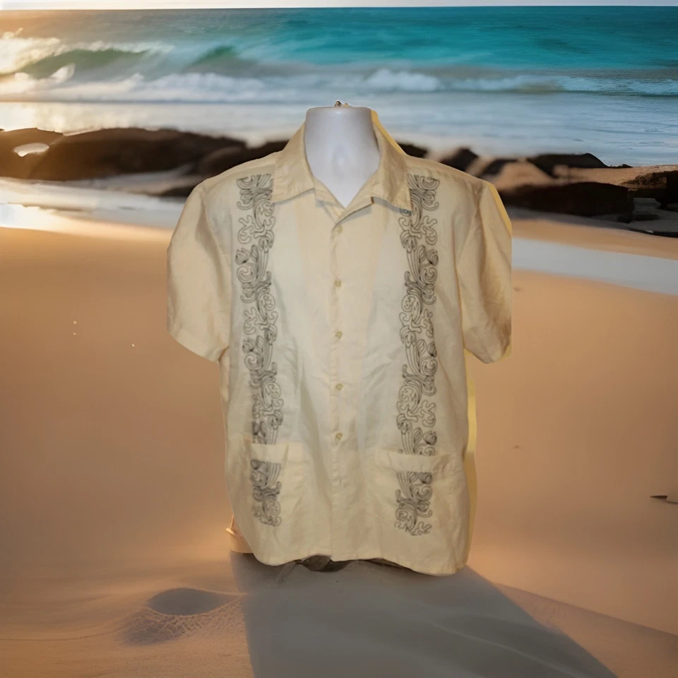 HABAND Guayabera Mens Large Short Sleeve Button Shirt Poly/Cotton Pockets Yellow - Image 1 of 4