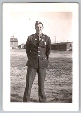 Vtg B&W Snapshot Man in Military Uniform Outdoors 1940s