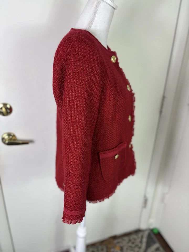 Blazer Joan Rivers Y2K Mujer Talla 6 Rojo Tweed Mezcla Lana Botones Dorados Bolsillos Encaje Foto 4 de 4
